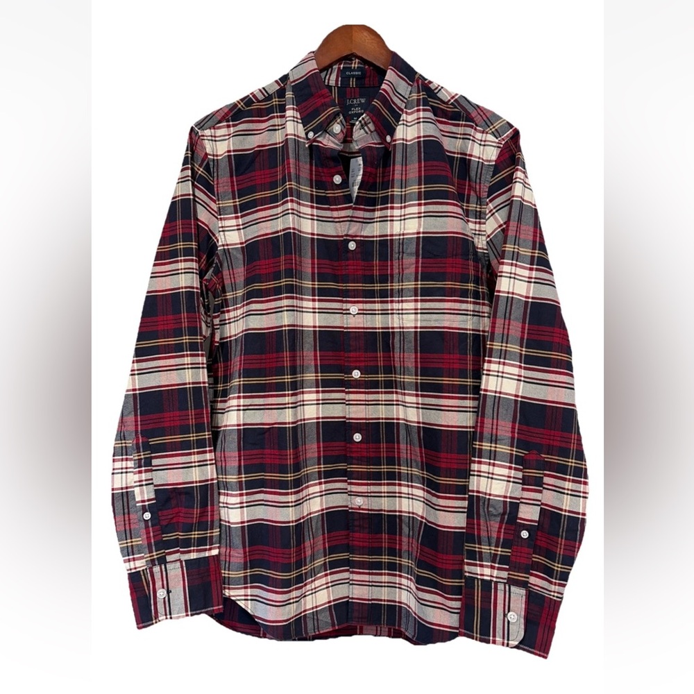 J. Crew Men's M Classic fit flex Oxford button down Red and Navy Plaid Shirt NWT